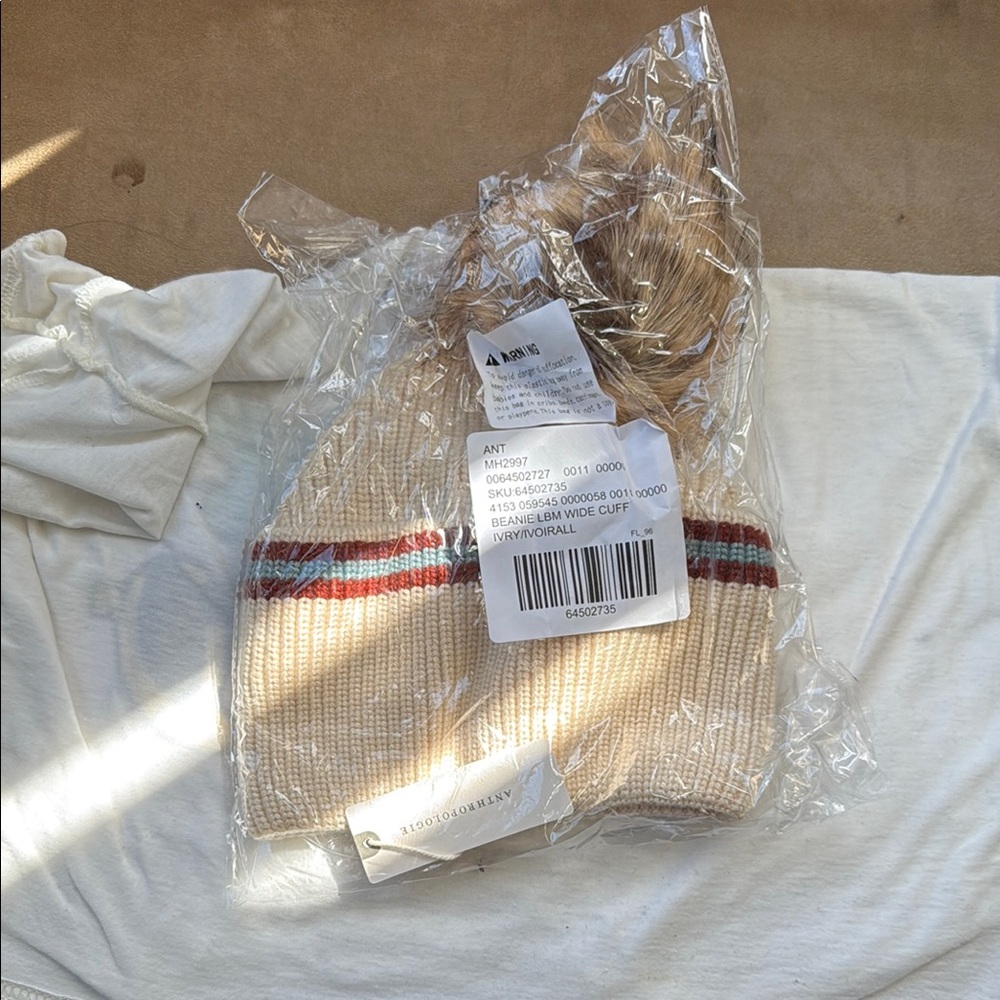 NWT Anthroplogie Beige Knit Beanie with Pom Pom